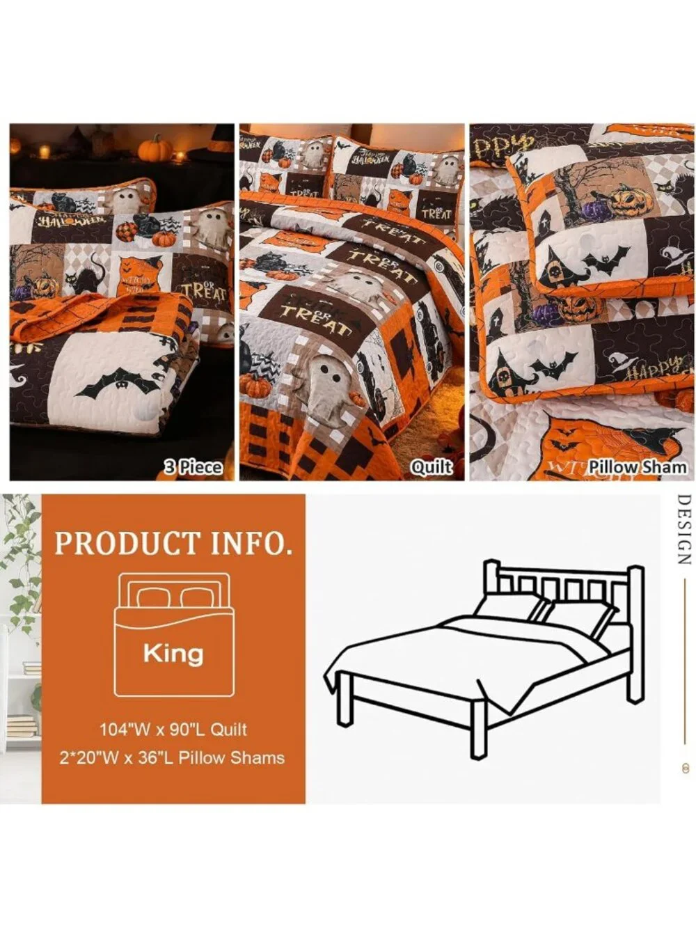 King Size Halloween Quilt Set - Fall Patchwork Bedspread, 3-Piece Cozy Bedding